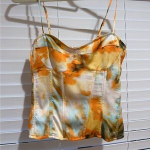 PrettyLittleThing Orange & Aqua Tie-Dye Satin Bustier Dress